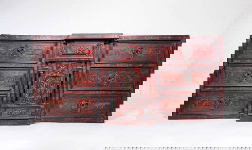 Spanish Baroque Table Cabinet: 18th-early 19th century, Spanish Baroque tortoiseshell inlaid mixed woods table cabinet, after a 17th century design, having an ornate central door with relief decoration and columns enclosing in