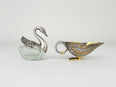 Parcel Gilt Sterling Silver Sauce Boat & Silver-Plate Salt Cellar, Swan Forms
