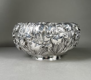 Japanese Meiji Art Nouveau Pure Silver Iris Punch Bowl