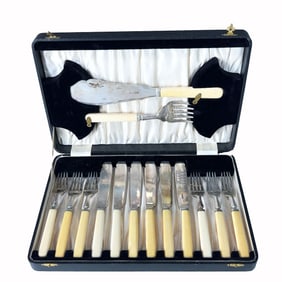 Sterling Silver Fish Cutlery Set with Faux Ivory Handles in Original Case