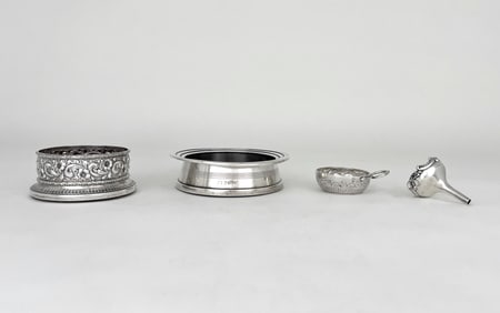 Sterling Silver Wine Accessories: Coasters, Funnel, and Taster