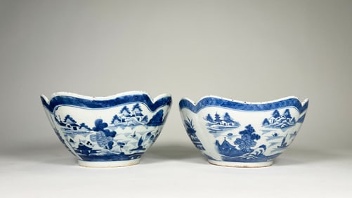 Pair of Chinese Export Canton Blue & White Bowls