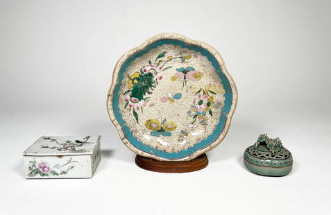 Three Asian Ceramic Objects: Group of three objects including a Chinese footed ceramic bowl with a scalloped edge; Chinese porcelain lidded box; Korean celadon lidded box. Bowl: 2" H x 8" diameter. Weighs 19.9 oz.