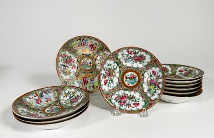 Eleven Haviland & Cie Limoges Porcelain Rose Medallion Dishes