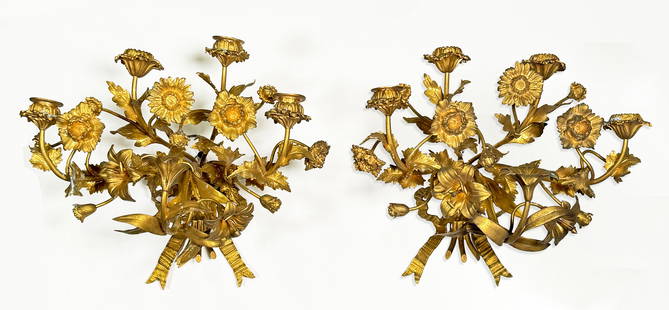 Pair of French Gilt Bronze Wall Candelabras: Pair of late 19th century French gilt bronze four-candle wall candelabras, each modelled as a bouquet of flowers tied with ribbon. each ~13"H Total weight 8lbs 8oz