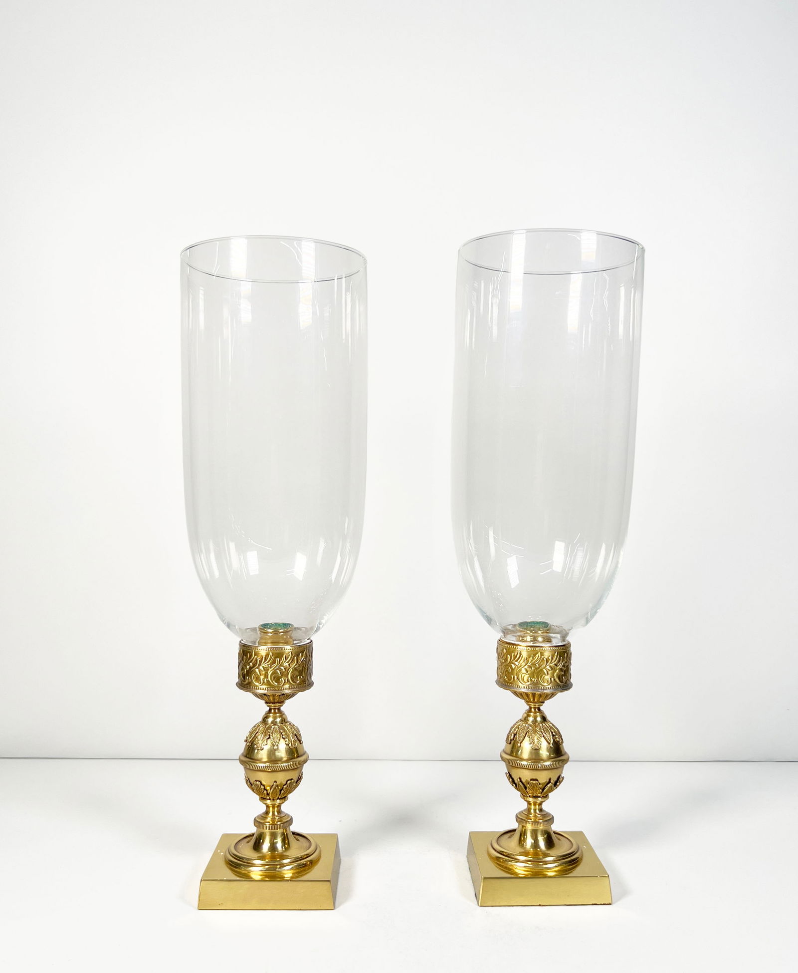 Pair of Regency Style Storm Lanterns: Pair of Regency style hurricane/storm lantern Dimensions: Height: 16 inches Base Diameter: 4.75 inches