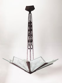 Art Deco Frosted Glass & Iron Pendant Chandelier