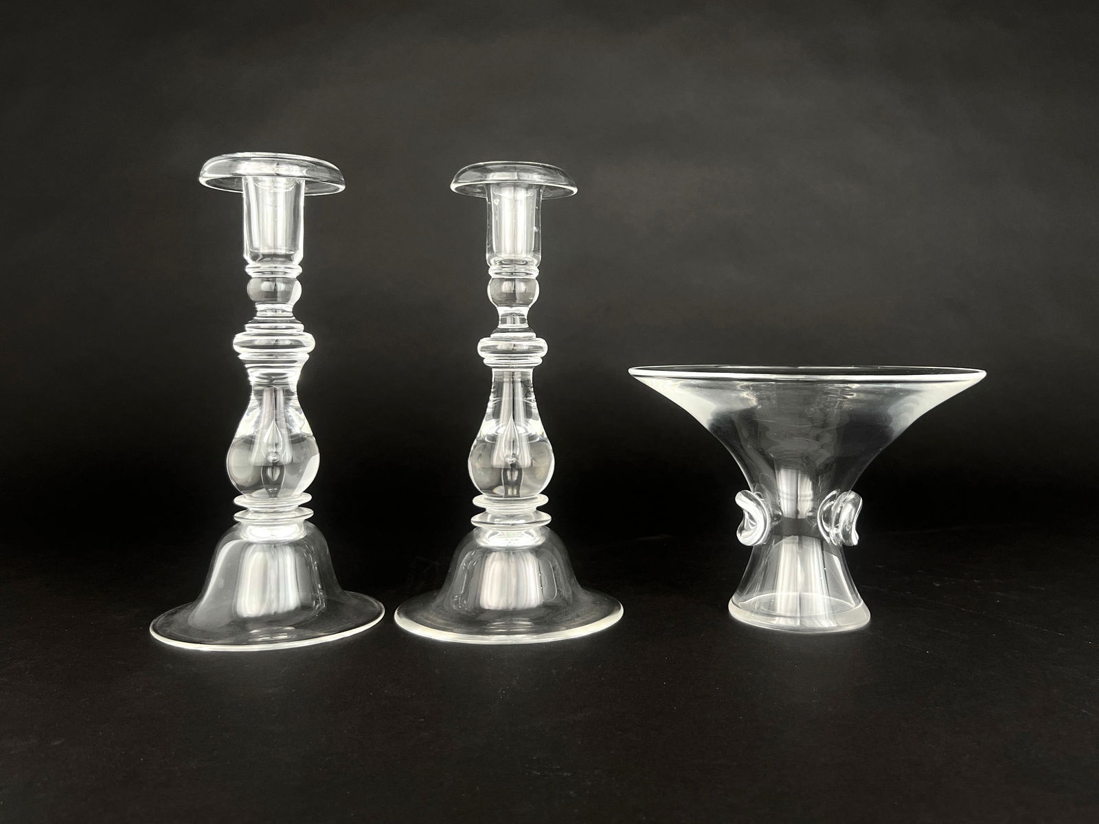 Steuben Crystal Teardrop Candlesticks & Bouquet Thumbprint Vase (1 of 3)