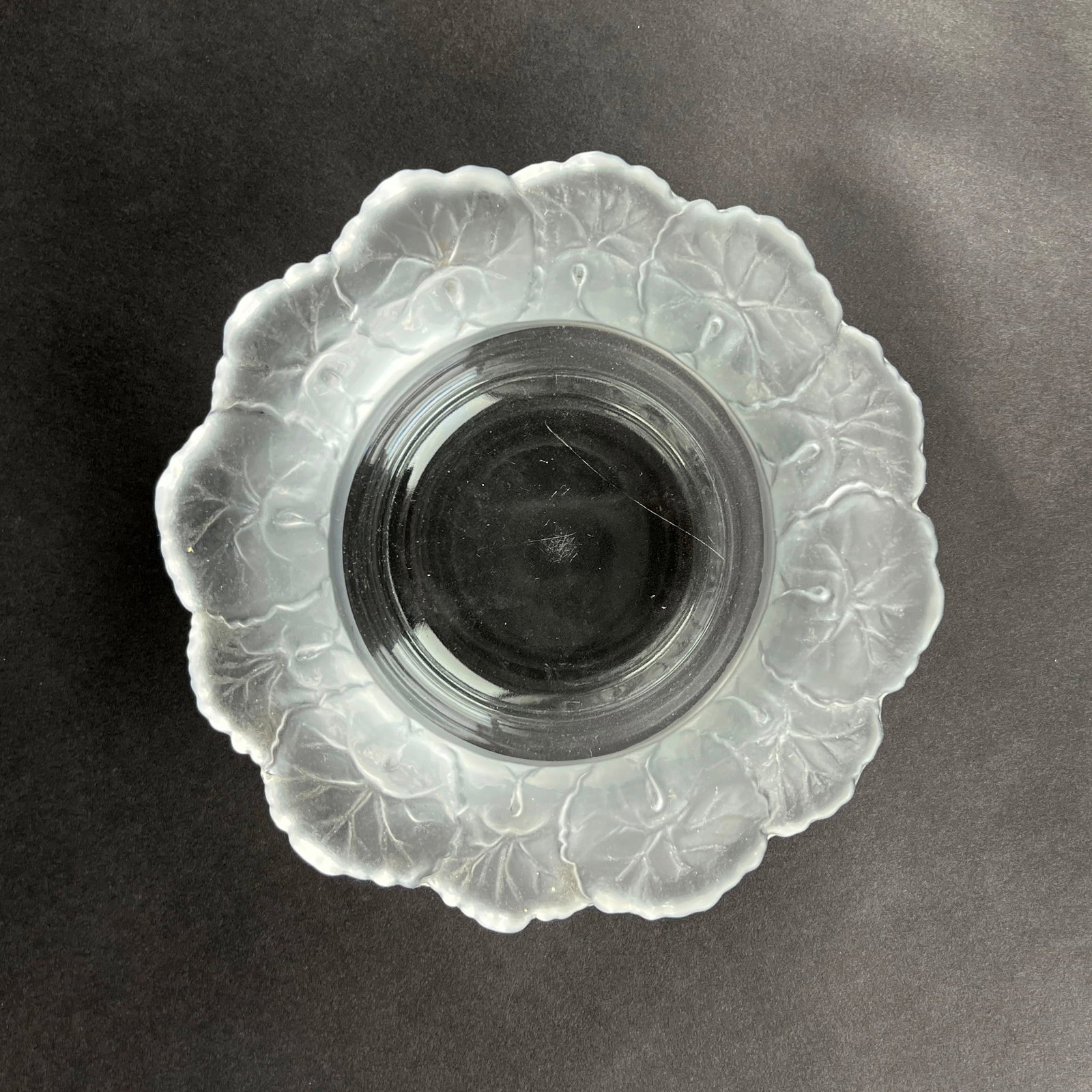 Lalique Honfleur Saucer: Lalique glass Honfleur deep saucer Dimensions: Height: 2 in. Width: 6.5 in. Weight: 1 lb. 14.8 oz.