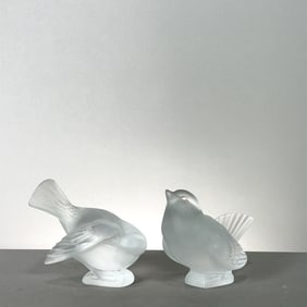 Pair of Lalique Frosted Crystal Sparrows
