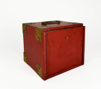 Chinese Mahjong Game Box: Chinese red lacquer brass mounted five-drawer mahjong game box. Dimensions: Height: 7 1/4" Width: 8"