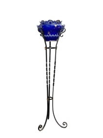 Wrought Iron & Blue Glass Cachepot Stand