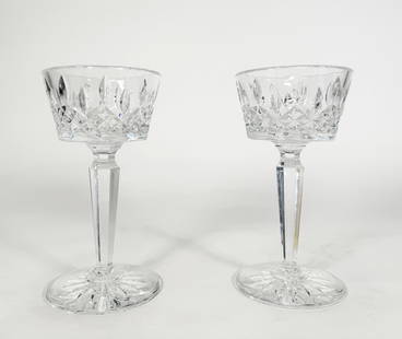 Pair of Waterford Lismore Pillar Candleholders: Pair of Waterford Lismore medium pillar candleholders, with original boxes and candles. Each: 9.5"H