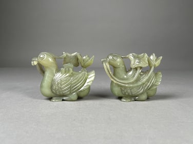 Pair of Chinese Jade Ducks with Lotus Carvings