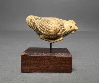 Signed Hen Netsuke on Wooden Base