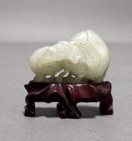 Early Chinese Carved Jade Bat and Hanging Fruit with Stand