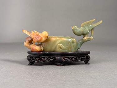 Chinese Carved Soapstone Brush Washer with Birds