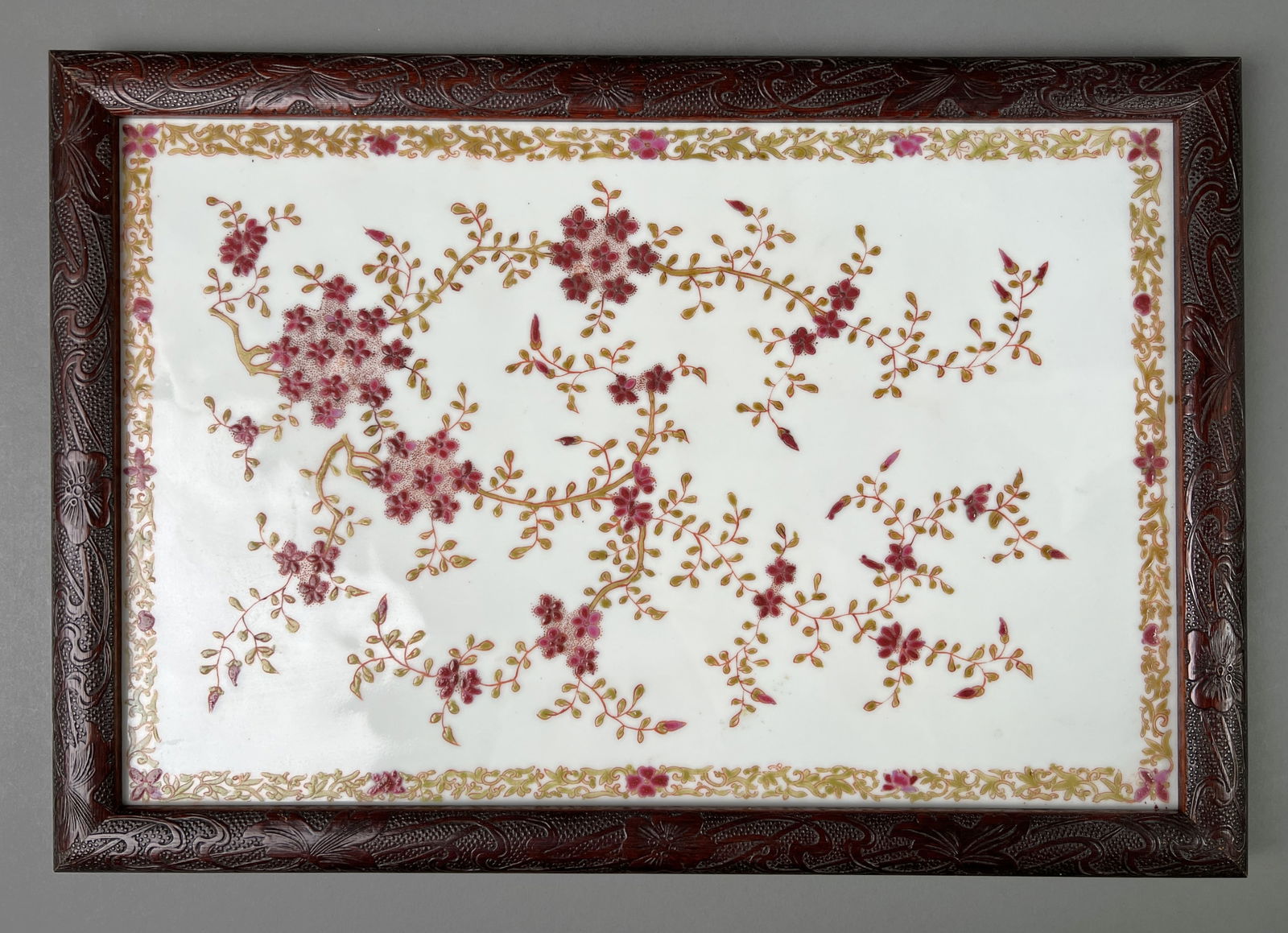 Chinese Ceramic Plaque with Carved Wood Frame (1 of 3)