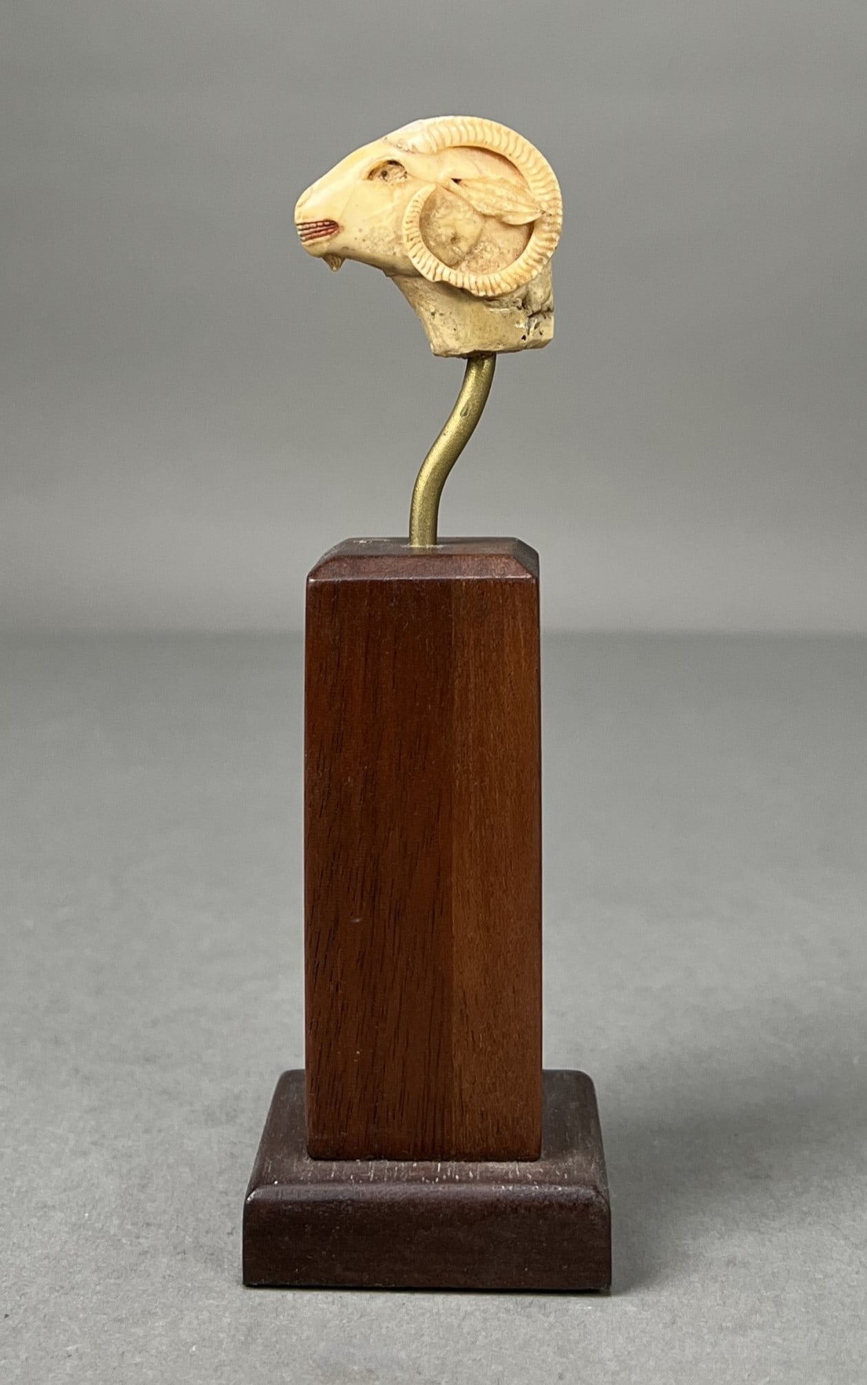 Persian Carved Ram Head: Persian (Iranian) carved ram's head from the pommel of a knife, eyes formerly inlaid with remnants of polychrome pigment, likely 17th century. Base hand labeled "Iran 1429.1/CLT&quo