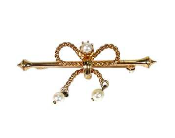 10k Gold Ribbon Bow Pearl Brooch