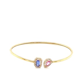 14k Gold Open Bangle with Sapphire, Pink Tourmaline & Diamonds