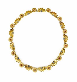 Buccellati 18k Gold Ruby & Sapphire Floral Motif Necklace