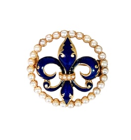 Fleur de Lis Enamel & Pearl Brooch, 10k & 14k