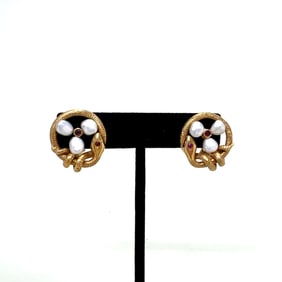 Antique 14k Gold Pearl & Ruby Snake Earrings