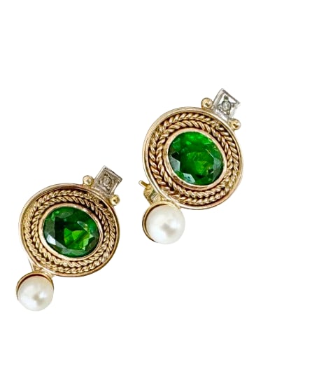 14k Gold Diamond Pearl Earrings: 14k yellow and white gold earrings each featuring one pearl and one diamond flanking a green faceted synthetic stone surrounded braided gold. Weight: 8.3g Dimensions: 25.4x17.1mm 