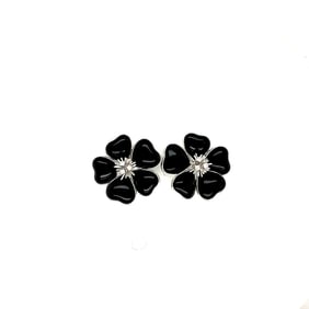18k White Gold, Black Onyx, and Diamond Flower Earrings