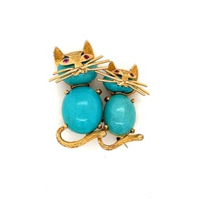 Retro 18k Gold Turquoise and Ruby Cat Brooch