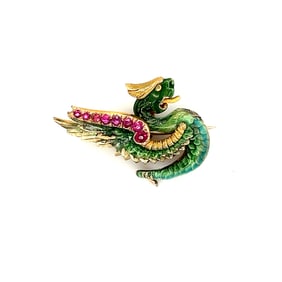 Art Nouveau 14k Enamel & Ruby Dragon Brooch