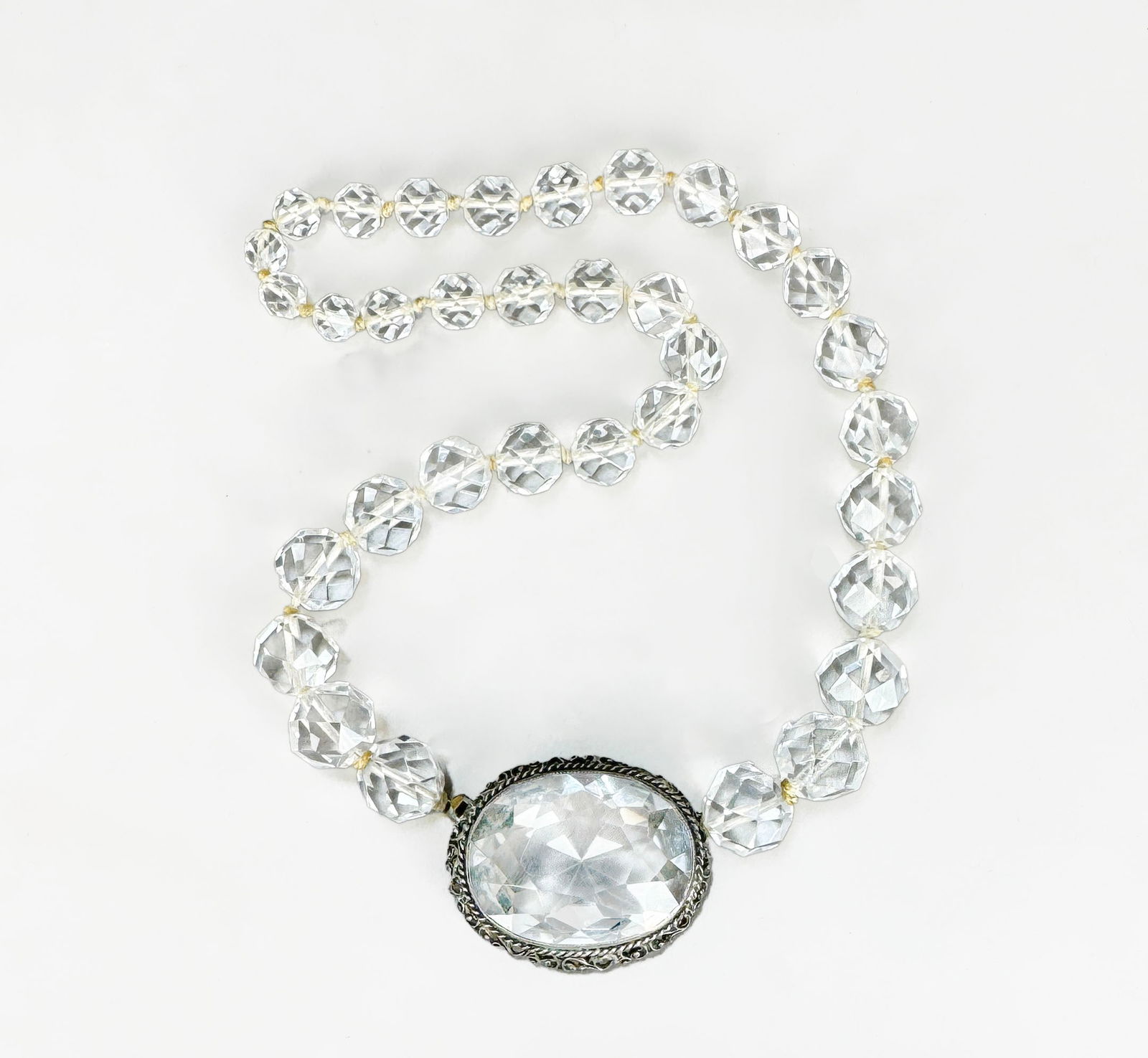 Art Deco Rock Crystal Necklace: Sterling silver and faceted rock crystal necklace, circa 1920. 16" 