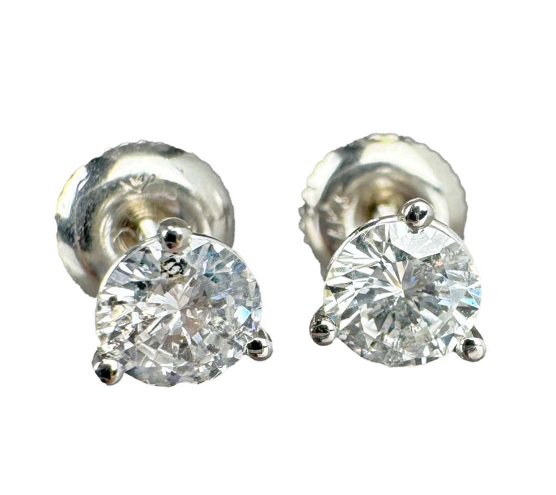 14k Martini Diamond Stud Earrings, 0.90ctw: 14k white gold martini screw back diamond earrings, 0.90ctw (4.8mm), D-F color, I clarityweight: 0.9 gSmall chip to edge of one diamond