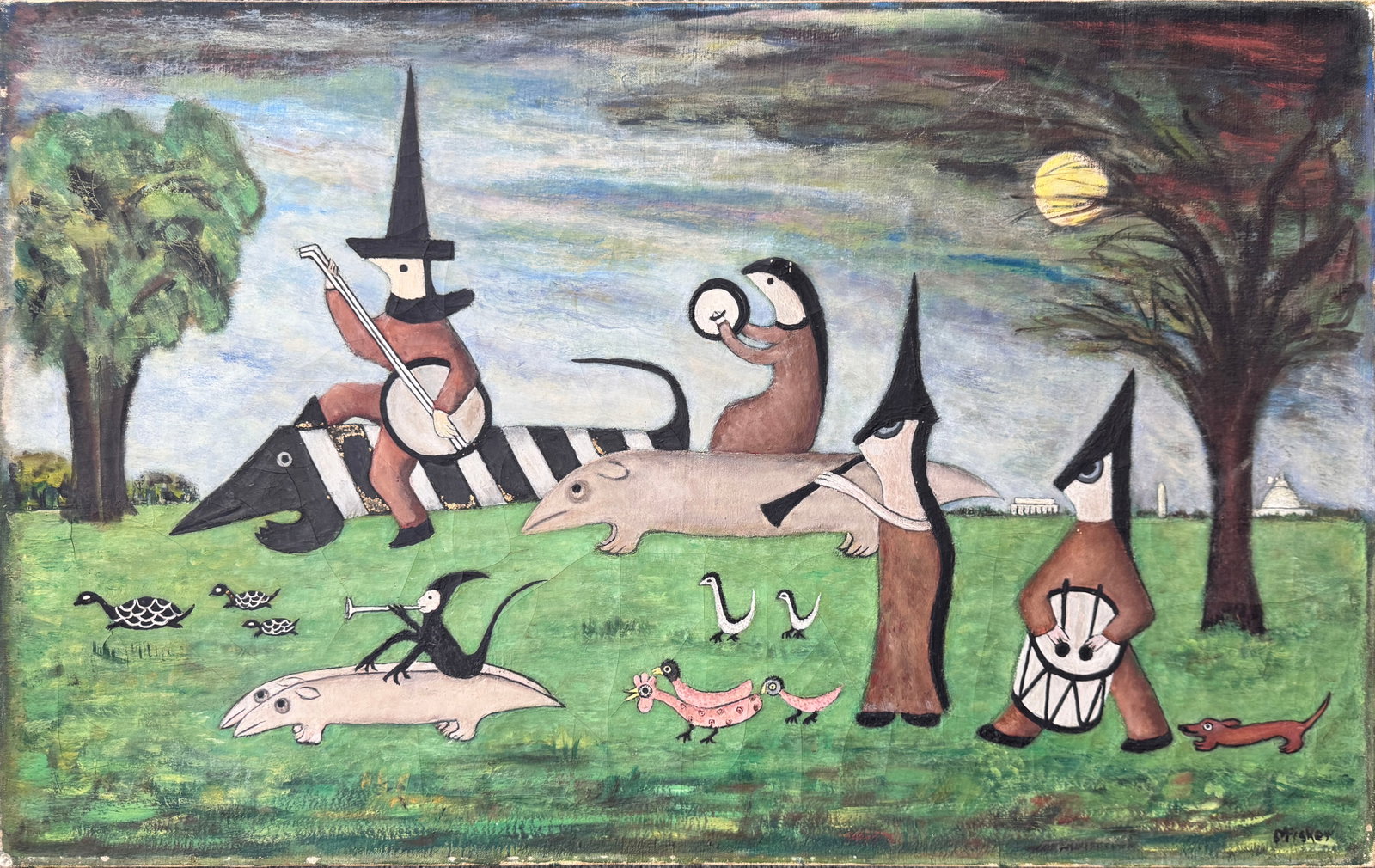 Surrealist Oil on Canvas by Fisher: Oil on canvas painting, signed M Fisher, bottom right. Dimensions: 22 1/2" x 36" 