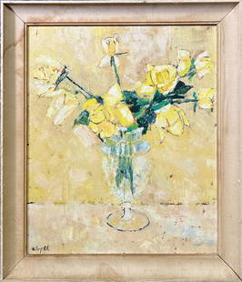 Oil on Canvas Painting by John Alvy, 1966: Oil on canvas still life painting by John Alvy (France, b.1921), 'Roses Jaunes', signed lower left, signed and titled on verso. Dimensions: 23 1/4" x 19" (sight); 27
