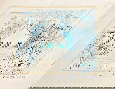 Watercolor Painting by Alfred Birdsey: Signed watercolor painting by English-born Bermuda artist Alfred Birdsey, painted on back side of a cut out from a print by the artist, signed lower right Dimensions: 10&quot;x13&quot;