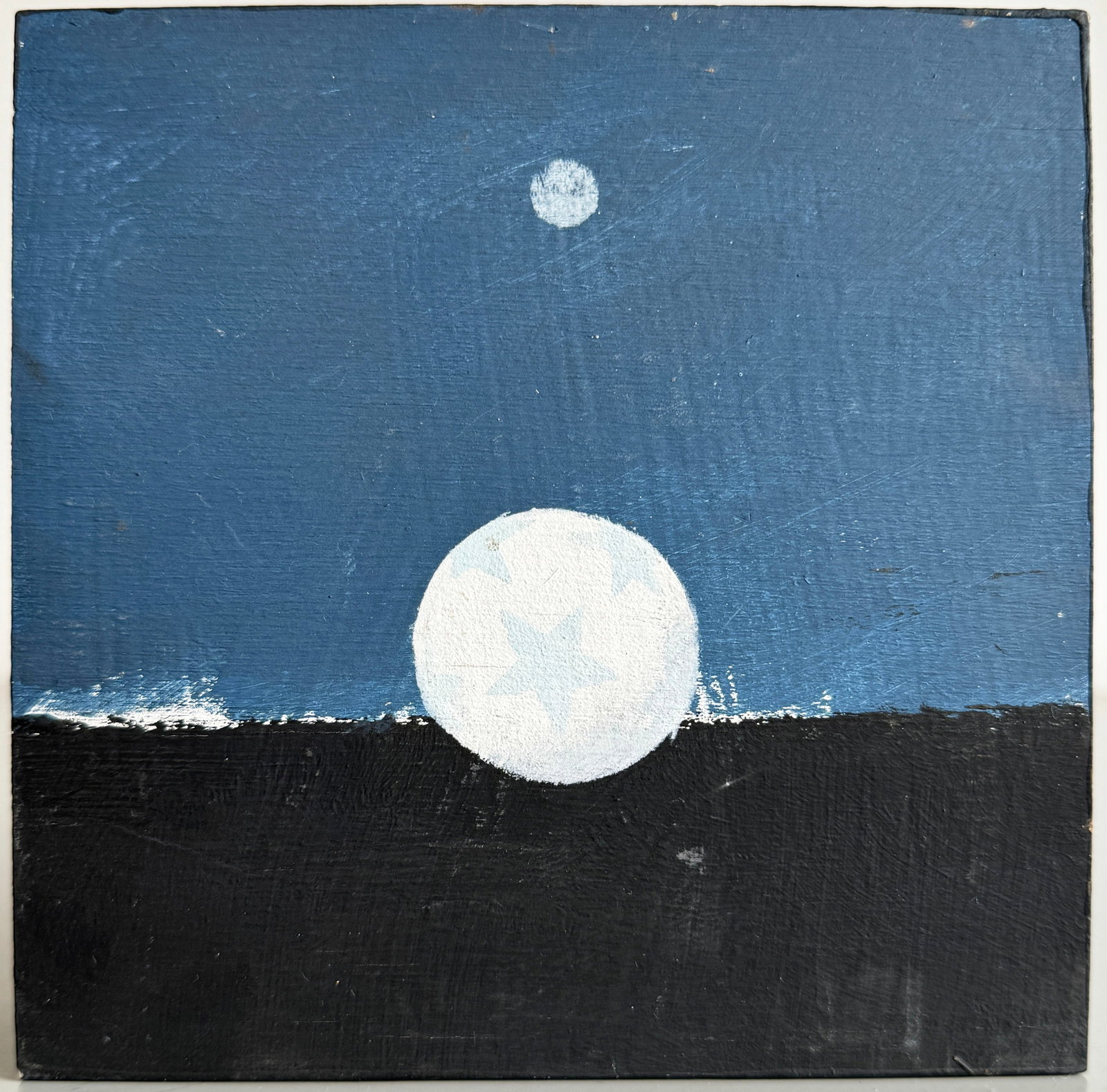 Adam Peck - Pigmented Resin on Wood Panel: Adam Peck painting depicting a ball under a moonlit landscape. The piece is 6" x 6" and is painted on wood.