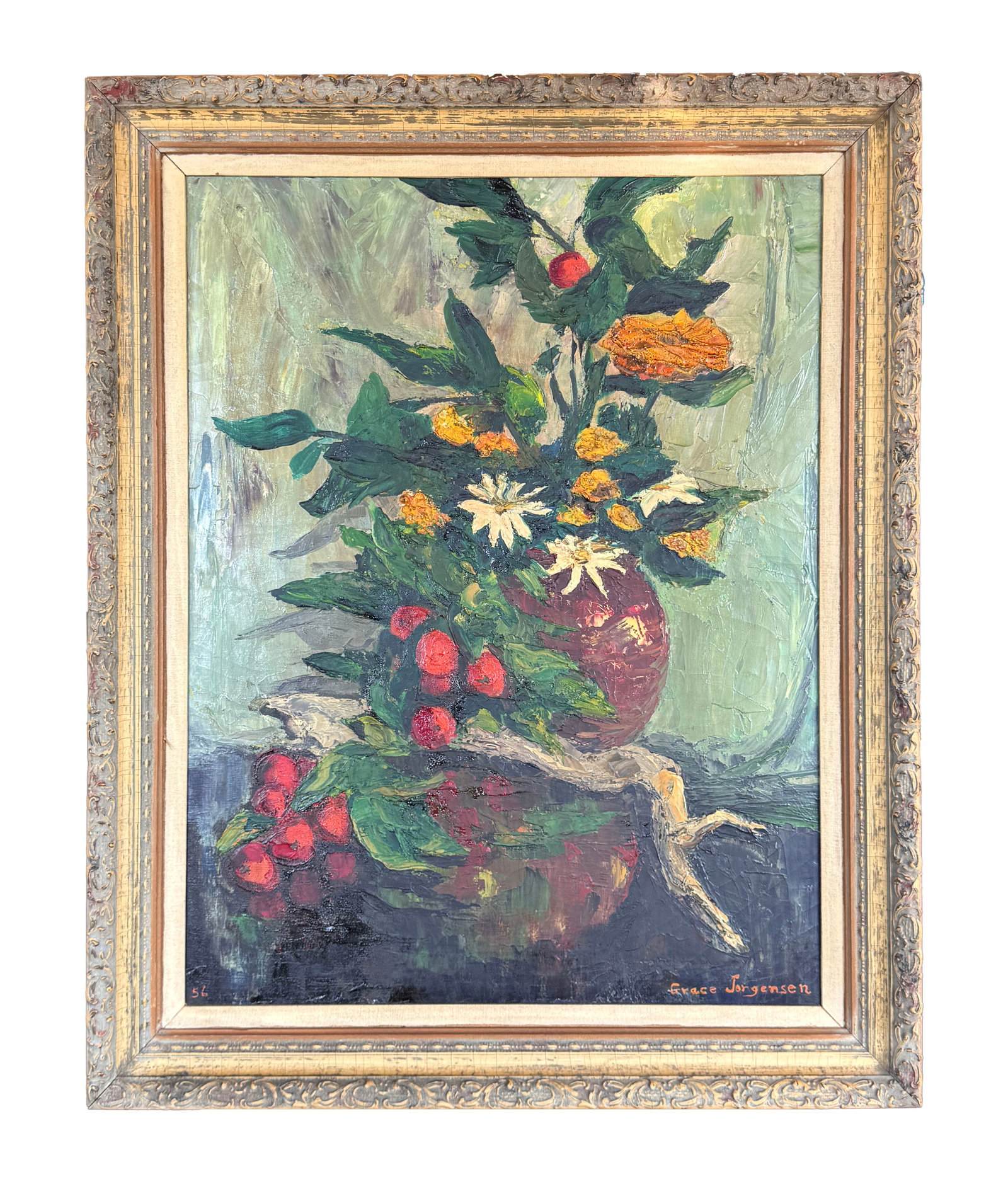 Oil on Canvas Painting by Grace Jorgensen: Oil on canvas still life painting by Grace Jorgensen (American, 1907-1994), signed lower right. Dated 1956. Dimensions: 27" x 33" 
