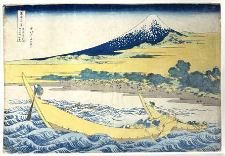 Woodblock, Tago Bay near Ejiri on the Tokaido, Katsushika Hokusai: Woodblock by Katsushika Hokusai (Japanese, 1760-1849), Tago Bay near Ejiri on the T?kaid? (T?kaid? Ejiri Tago no ura ryaku zu), from the series Thirty-six Views of Mount Fuji (Fugaku sanj?rokkei), cir