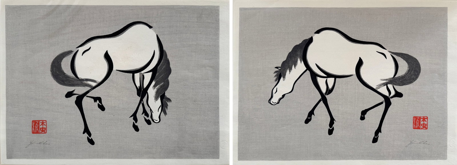 Two Woodblock Prints by Urushibara Mokuchu: Two woodblock prints by Urushibara Mokuchu, given name Yoshijir? (Japanese, 1888-1953), each depicting a horse, stamped and signed in pencil. Paper: 14.75" x 10.75"