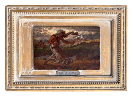 Elihu Vedder, Study for The Cumaean Sibyl: Elihu Vedder (American, 1836-1923), oil on board, Study for The Cumaean Sibyl, monogrammed lower right. Inscribed on reverse "Danese on a rampage Laurent Richard Sale Paris 1876" and "Annapolis MD" Si