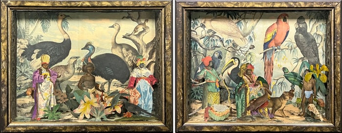 Pair of Victorian Exotic Cut Paper Diorama Shadow Boxes