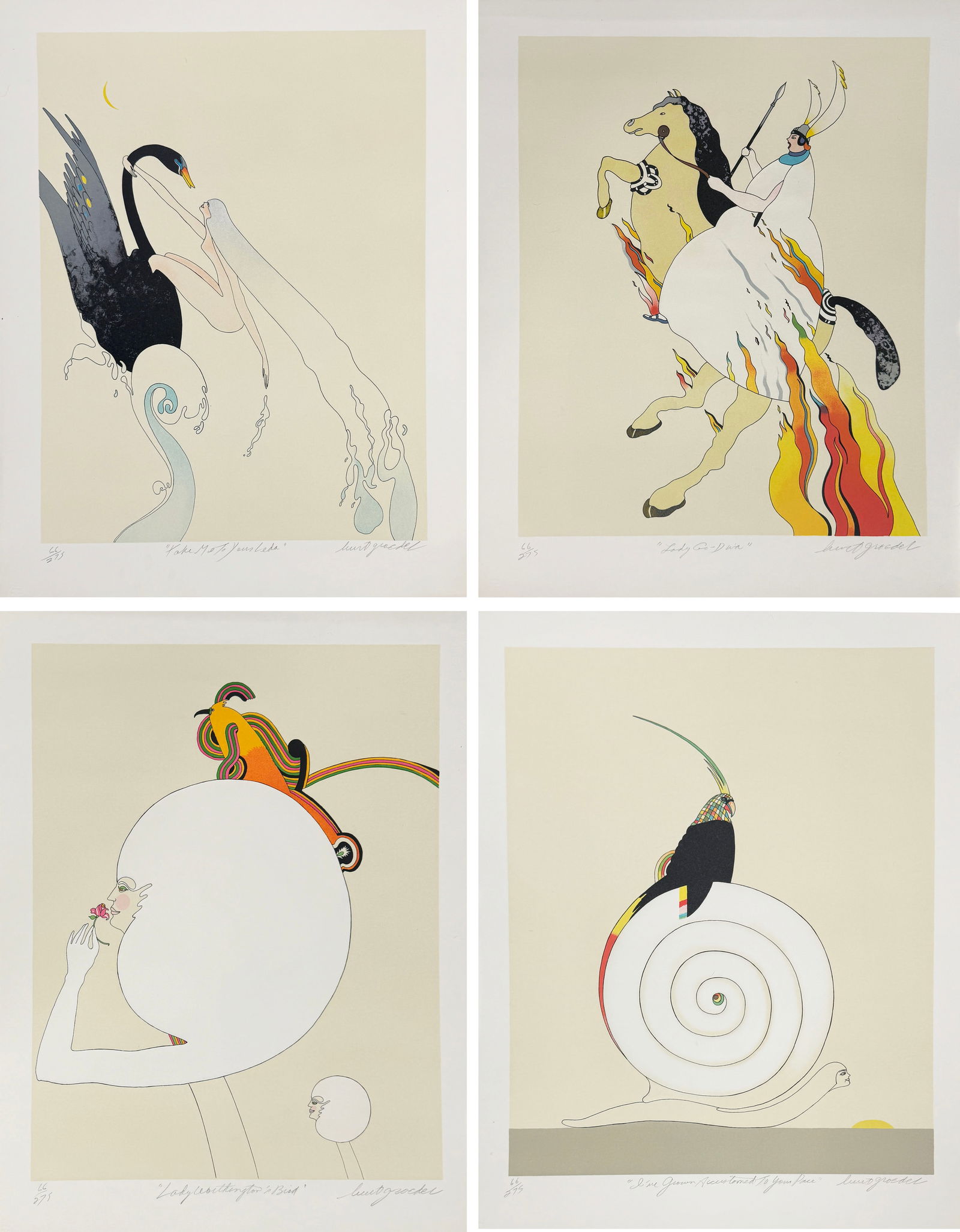 Ladies of Fantasy by Burt Groedel, Suite of Four Lithographs: Burt Groedel (American, 1937-), Ladies of Fantasy, suite of four limited edition lithographs in portfolio, New York: Atelier Ettinger, 1980, 66/275. 28" x 22"