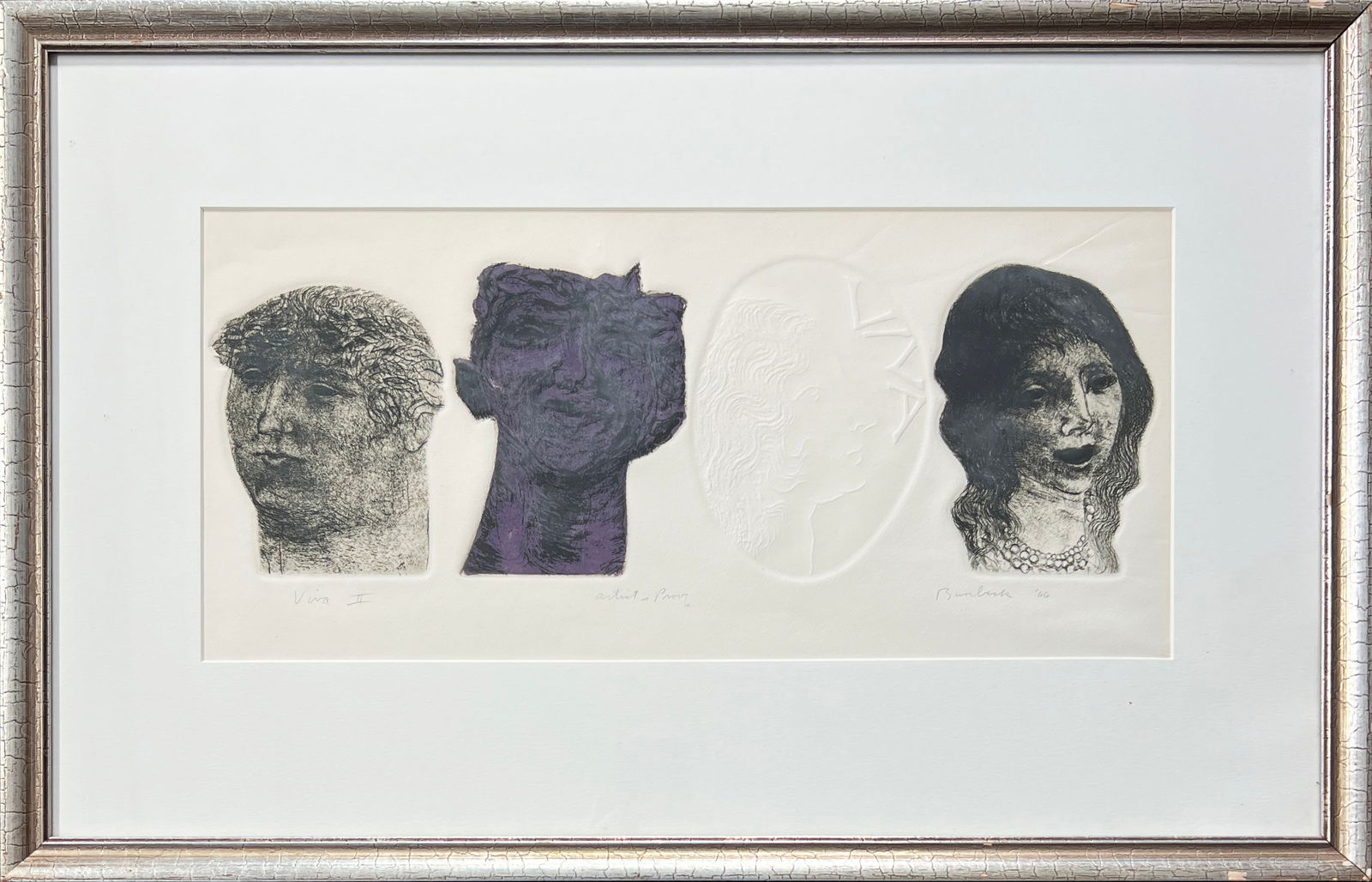 Itaglio Etching by David Bumbeck: Intaglio etching by David Bumbeck (American, born 1940), "Viva II", 1966, artist proof, signed in pencil. Frame Dimensions: 15 7/8ths" x 25" Sight Dimensions: 8 1/2"