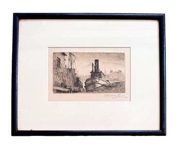 Etching by Elis F. Miller, 1882: Etching on paper by Ohio artist Elis F. Miller (1840-1884). Signed lower right, name and date included on right side of boat in image.Frame Dimensions: 10 1/4" x 12 3/8"Sight Dimensions: 4