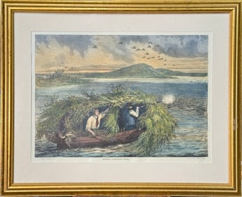 Hand Colored Engraving, Shooting Canvas-Back Ducks
