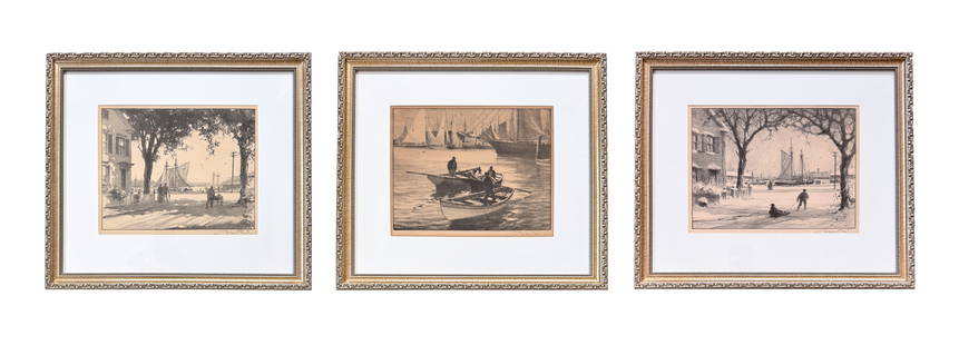 Three Signed Lithographs by Gordon Grant: Three framed lithographs by Gordon Grant (American, 1875-1962). Each lithograph is signed on the bottom right and titled on verso.Arching ElmsArching Elms in WinterSmall CraftFrame dimensions