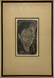 Etching by Kathe Kollwitz, Frauenkopf: Etching by Käthe Kollwitz (German, 1867-1945), Frauenkopf, 1905. Signed, titled, and dated on verso.Sight: 9" x 5.8"Frame: 19.2" x 13.9"