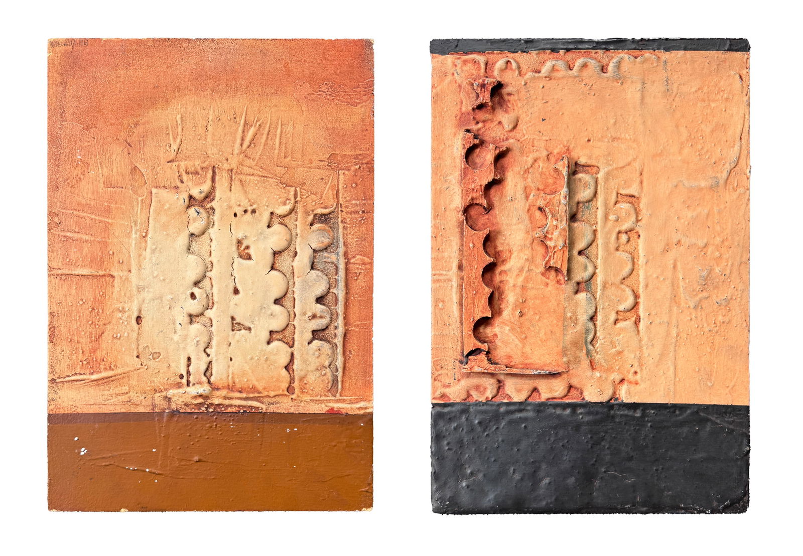 Mixed Media by Gabriel Morera "First Series for a Desert" Nos. 11 & 12: Relief abstract plastic on wood panel by Gabriel Morera (Venezuelan, b. 1933). Titled "First Series for a desert No. 11" and "First Series for a desert No. 12". Labels on vers